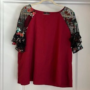 SHEIN 3XL Women’s Burgundy Blouse with Sheer Sleeves and Floral Accent Plus Dark